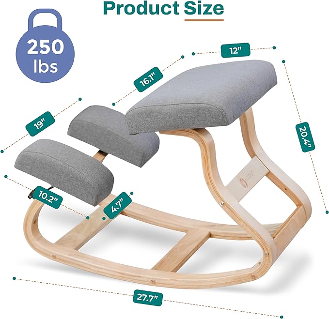 Ergonomic Kneeling Chair - A Rocking Ergo Knee Chair and Wooden Desk Chair designed for Home Office Study and Posture Chair Support, Comfortable to Reduce Neck and Back Pressure - Grey - LeafyLoom