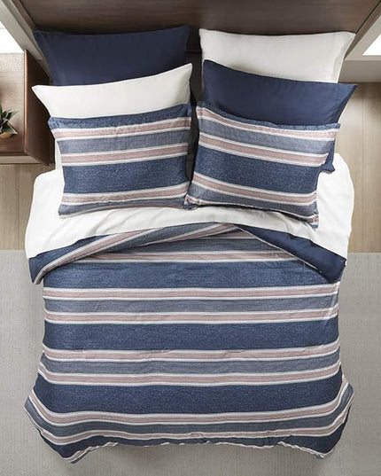 Comfort Spaces Bed in A Bag Comforter Set - College Dorm Room Essentials for Boys Men Bedding, Complete Dormitory Bedroom Pack And Sheet with 2 Side Pockets, Full, Stripes Navy/Red - LeafyLoom