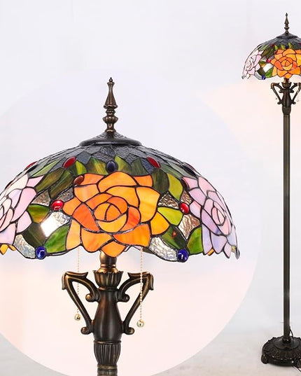 Tiffany Floor Lamp Stained Glass Standing Reading Light 16X16X66 Inch - Orange Red Rose - LeafyLoom