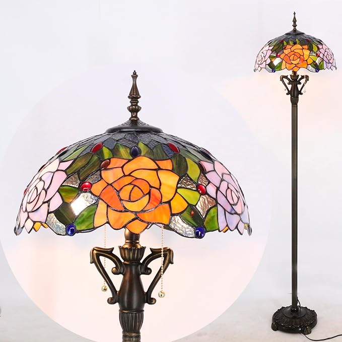 Tiffany Floor Lamp Stained Glass Standing Reading Light 16X16X66 Inch - Orange Red Rose - LeafyLoom
