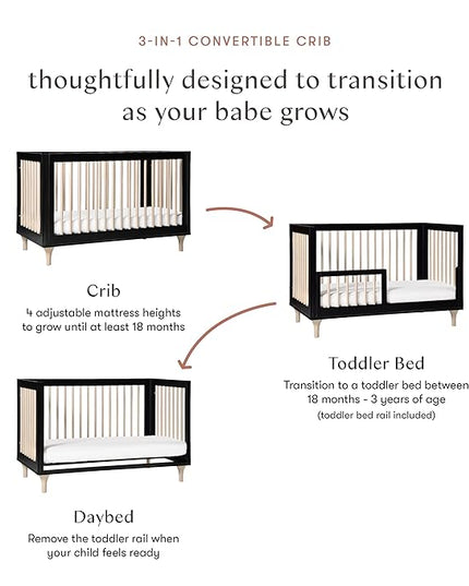 Babyletto Lolly 3-in-1 Convertible Crib with Toddler Bed Conversion Kit in Black and Washed Natural, Greenguard Gold Certified - LeafyLoom