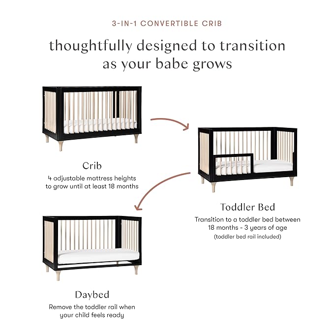 Babyletto Lolly 3-in-1 Convertible Crib with Toddler Bed Conversion Kit in Black and Washed Natural, Greenguard Gold Certified - LeafyLoom
