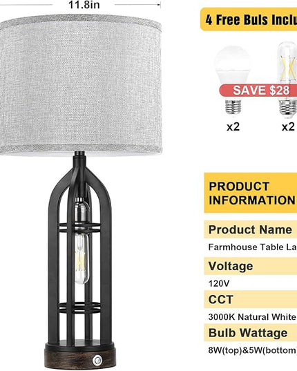 Table Lamp for Living Room - Grey Farmhouse Lamps for Night Stands with USB C+A, 3 Way Dimmable End Table Lamps Set of 2, Vintage Bedside Lamp for End Tables, Rustic Nightstand Lamps for Bedroom - LeafyLoom