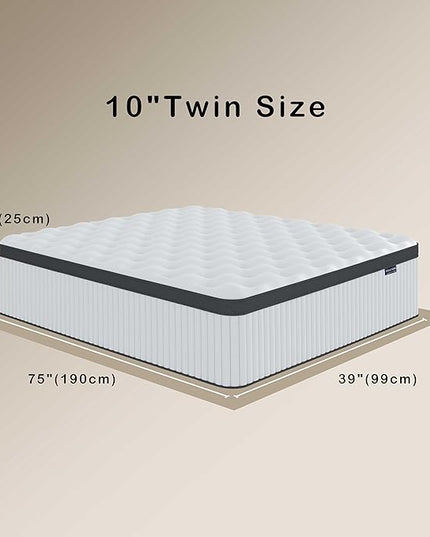 Twin Mattress, 10 Inch Innerspring Hybrid Mattress in a Box with Gel Memory Foam, Individually Wrapped Encased Coil Pocket Spring Mattress, Pressure Relief, Medium Firm Support,39"*75"*10" - LeafyLoom