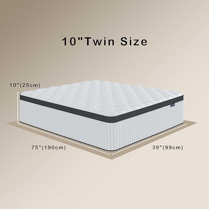 Twin Mattress, 10 Inch Innerspring Hybrid Mattress in a Box with Gel Memory Foam, Individually Wrapped Encased Coil Pocket Spring Mattress, Pressure Relief, Medium Firm Support,39"*75"*10" - LeafyLoom