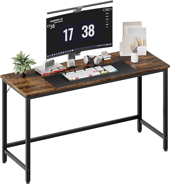 Shintenchi 55 inch Computer Desk, Study Workstation Modern Simple Design for Home Office, Student Writing Desk, Office Working Desk, Vintage Brown - LeafyLoom