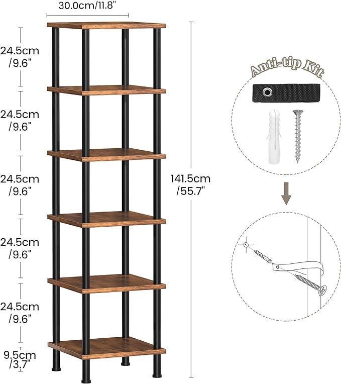 Corner Shelf, Corner Bookcase, Industrial 6-Tier Square Shelf Stand Display Rack,Wall Corner Bookshelf,Tall Shelf Plant Stand for Small Spaces, Living Room, Home Office, Kitchen - LeafyLoom