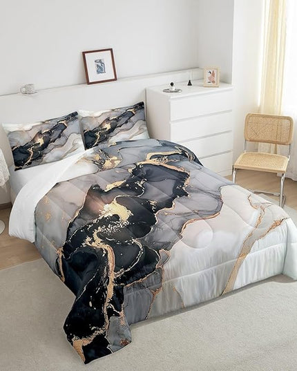 Erosebridal Black Marble Bedding Set Full,Black and Grey Marble Comforter Set Men Teens Boys Modern Gray Orange Abstract Art Tie Dye Down Comforter Kids Gothic White Gold Marble Duvet Insert Soft - LeafyLoom