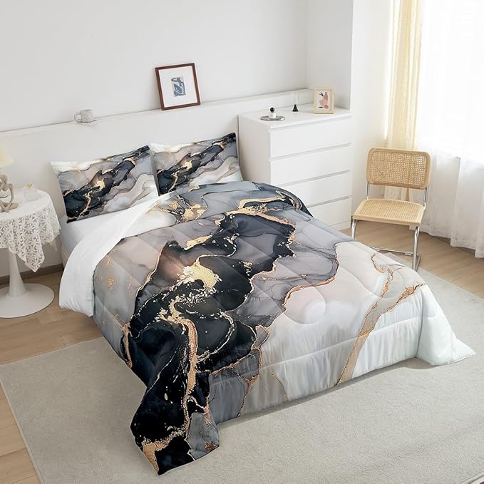 Erosebridal Black Marble Bedding Set Twin,Black and Grey Marble Comforter Set Men Teens Boys Modern Gray Orange Abstract Art Tie Dye Down Comforter Kids Gothic White Gold Marble Duvet Insert Soft - LeafyLoom