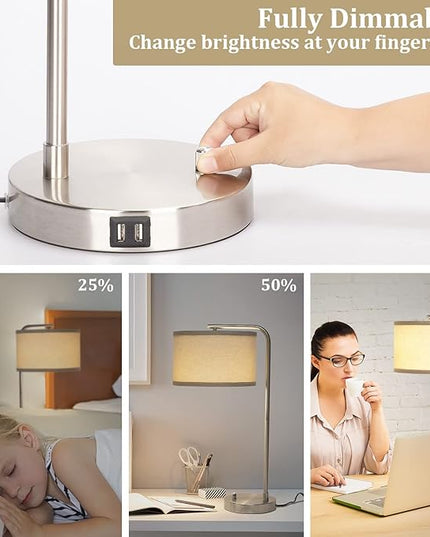 Table Lamp for Living Room, Modern Bedside Lamp with Dual USB Ports, Fully Dimmable Nightstand Lamp with Beige Drum Shade, Silver Finish Side Table Lamp for Bedroom Office, 3000K LED Bulb Included - LeafyLoom