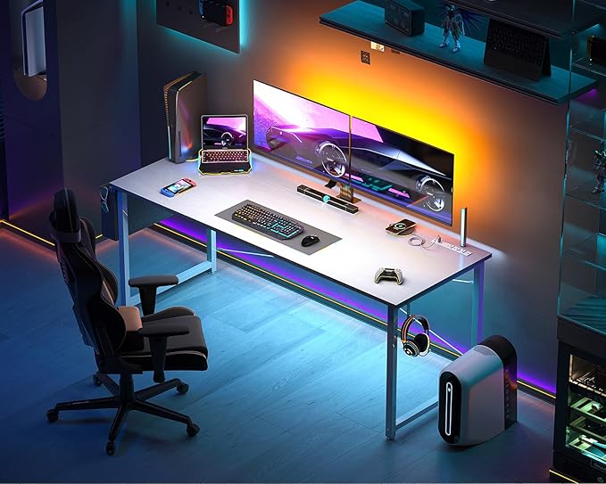 AODK 63 inch Small Computer Desk with Power Outlet for Small Spaces Home Office Student Laptop PC Writing Desks with Storage Bag Headphone Hook, White - LeafyLoom