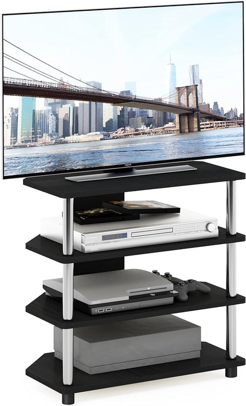 Furinno Turn-N-Tube Easy Assembly 4-Tier Petite Entertainment Center / TV Stand / TV Unit / TV Desk, Stainless Steel, Americano/Chrome - LeafyLoom