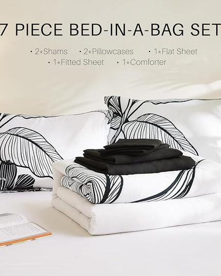 WRENSONGE King Size Comforter Set, 7 Pieces Black and White Floral Comforter Set with Sheets for King Size Bed, Flower Pattern King Bedding Set, Soft Breathable Bed in a Bag King for All Seasons - LeafyLoom