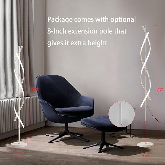 LED Floor Lamps for Living Room,Spiral Modern Floor Lamp with Remote Control 60 Inch Dimmable White Floor Lamp 48W Standing Lamp with Timer 3 Color Temperature Corner Floor Lamp for Bedroom - LeafyLoom