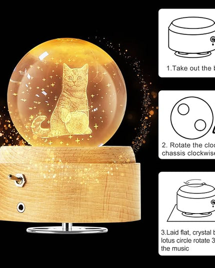Best for Mom Women Wife Girlfriend Grandma, 3D Cat No.3 Crystal Ball Music Box with LED Night Lamp, Unique Mom Gifts for Birthday Graduation Christmas Valentine's Day Anniversary - LeafyLoom