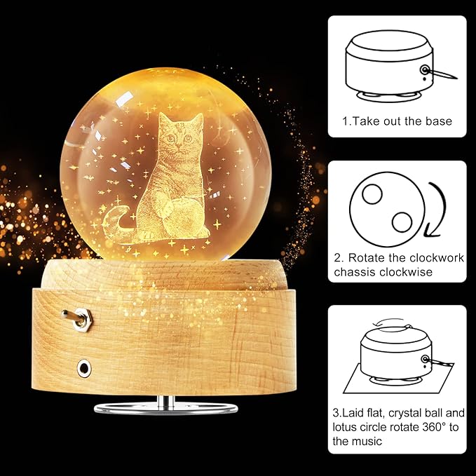 Best for Mom Women Wife Girlfriend Grandma, 3D Cat No.3 Crystal Ball Music Box with LED Night Lamp, Unique Mom Gifts for Birthday Graduation Christmas Valentine's Day Anniversary - LeafyLoom