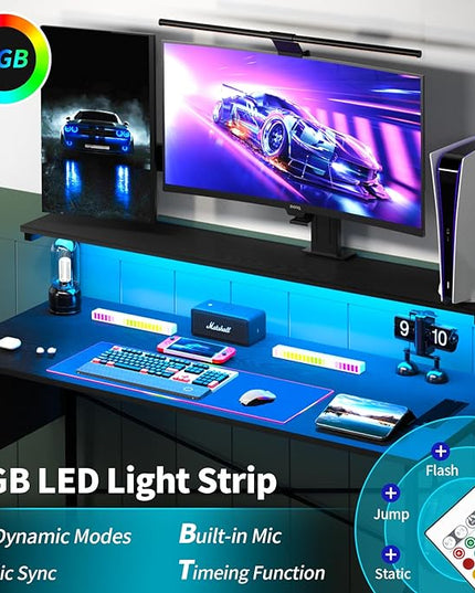 Yoobure Computer Desk with Power Outlets Fast Charging Type-C Included, Gaming Desk with LED Lights, 47" Office Desk with Adjustable Monitor Stand, Small Desk Home Office Desks with Storage Bag & Hook - LeafyLoom