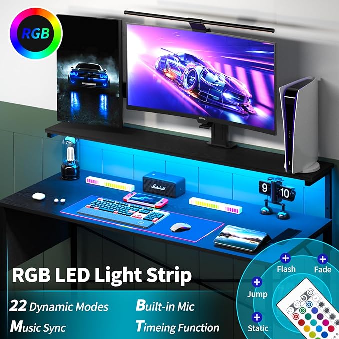 Yoobure Computer Desk with Power Outlets Fast Charging Type-C Included, Gaming Desk with LED Lights, 47" Office Desk with Adjustable Monitor Stand, Small Desk Home Office Desks with Storage Bag & Hook - LeafyLoom
