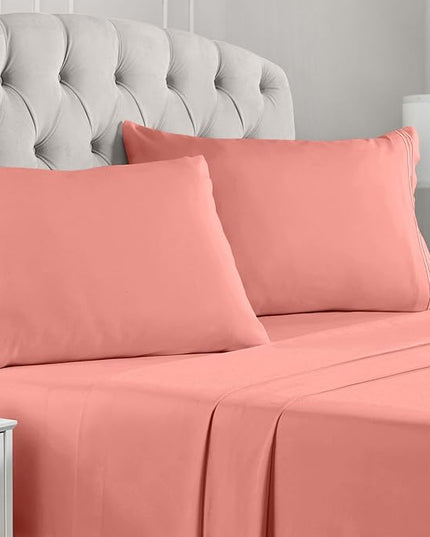 Mellanni Full Sheets Set - 4 PC Iconic Collection Bedding Sheets & Pillowcases - Hotel Luxury, Extra Soft, Cooling Bed Sheets - Deep Pocket up to 16 inch (Full, Coral) - LeafyLoom