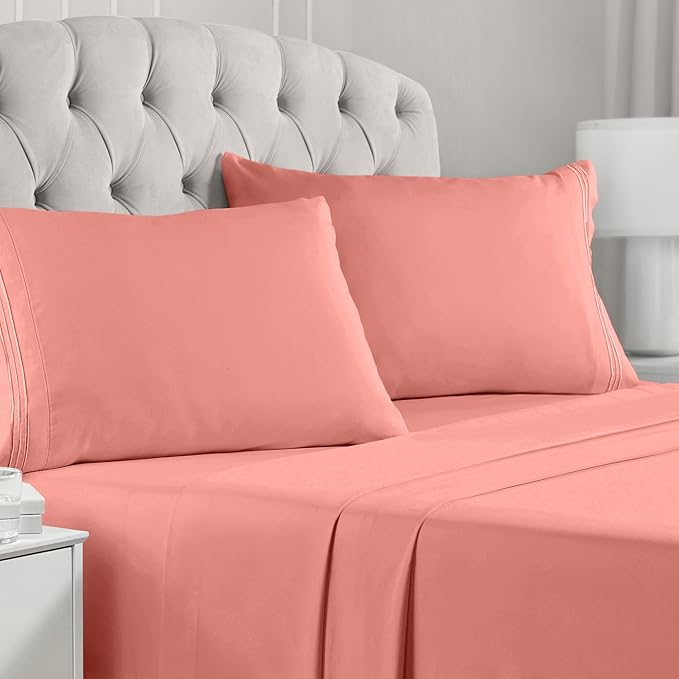 Mellanni Full Sheets Set - 4 PC Iconic Collection Bedding Sheets & Pillowcases - Hotel Luxury, Extra Soft, Cooling Bed Sheets - Deep Pocket up to 16 inch (Full, Coral) - LeafyLoom