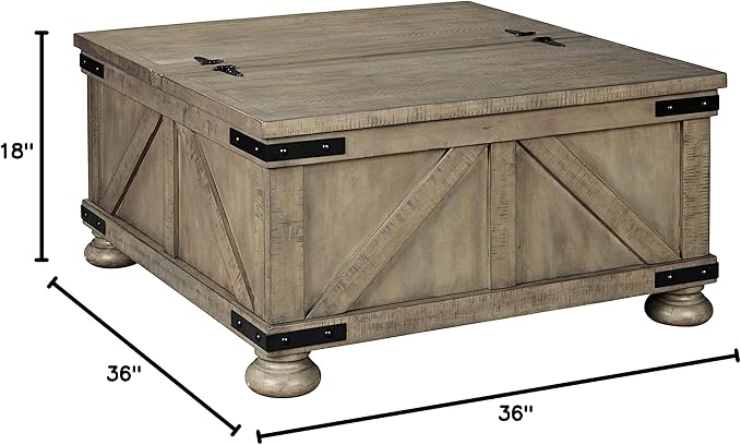 Signature Design by Ashley Aldwin Farmhouse Square Coffee Table with Lift Top for Storage, Grayish Brown, 36 in x 36 in x 18 in - LeafyLoom