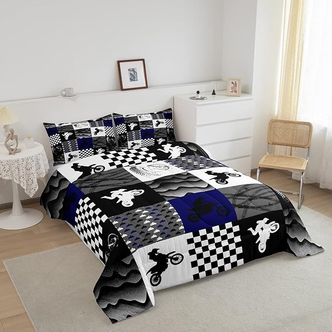 Dirt Bike Comforter Set, Motocross Rider Bedding Comforter Sets King, Motorcycle Grunge Down Comforter for Kids Boys Adult Men, Motorbike Extreme Sport Game Comforter, Buffalo Plaid, Blue Grey Black - LeafyLoom