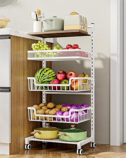 HapiRm Fruit Basket Vegetable Basket - 5 Tier Adjustable Kitchen Storage Cart, Wooden Top Table Fruit and Vegetable Car Snack Cart with Wheels, Metal Mesh and Wire Storage Basket for Onions Potatoes - LeafyLoom