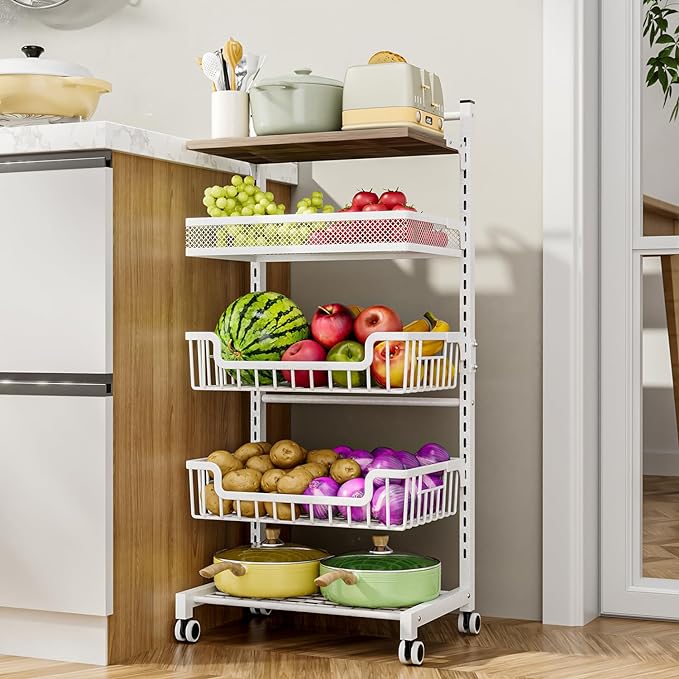 HapiRm Fruit Basket Vegetable Basket - 5 Tier Adjustable Kitchen Storage Cart, Wooden Top Table Fruit and Vegetable Car Snack Cart with Wheels, Metal Mesh and Wire Storage Basket for Onions Potatoes - LeafyLoom
