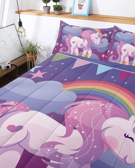 Unicorn Twin Bedding Sets for Girls Kids Comforter Set Twin Size with 2 Pillowcases Purple Rainbow Glittering Unicorn Room Decor for Girls Bedroom Ultra Soft Machine Washable Toddler Bed Set - LeafyLoom