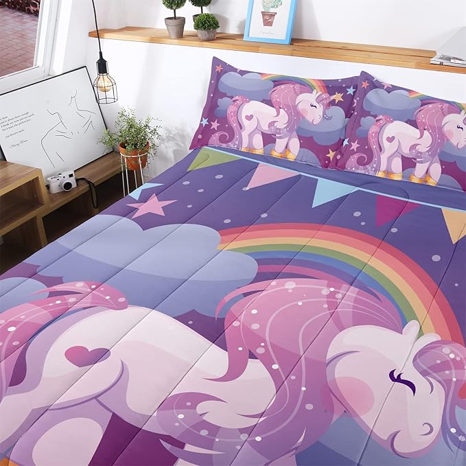 Unicorn Twin Bedding Sets for Girls Kids Comforter Set Twin Size with 2 Pillowcases Purple Rainbow Glittering Unicorn Room Decor for Girls Bedroom Ultra Soft Machine Washable Toddler Bed Set - LeafyLoom