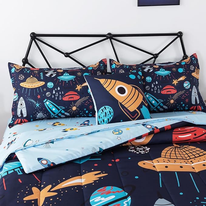 ADASMILE A & S Kids Space Comforter Set 6 Pieces Space Bedding Twin Size for Boys Space Ship Rocket Bedding Galaxy Bed in a Bag Comforter Twin Outer Space Bed Set with Blue Space Sheets Home Decor - LeafyLoom