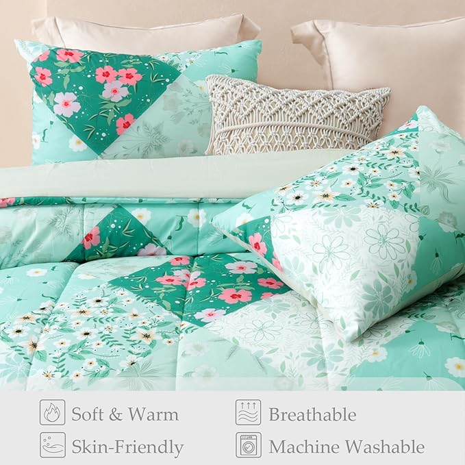 Whale Flotilla Queen Full Comforter Set, Soft Reversible Light Green Bedding Comforter Set with Boho Pattern, 1 Micoriber Patchwork Comforter and 2 Pillow Shams, 3 Pieces - LeafyLoom