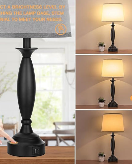 Grey Lamps for Bedrooms Set of 2 - Touch Control Bedside Lamp with USB C+A, 3 Way Dimmable Nightstand Lamps with USB Port, Table Lamp for Living Room(Grey Shade and Black Base) - LeafyLoom