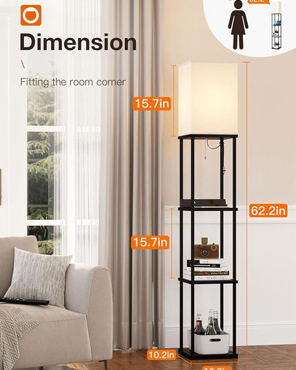 addlon Shelf Floor lamp with 2 USB Ports and Power Outlet, Remote Control Floor lamp for Living Room with 3 Color temperatures led Bulb, Display lamp for Bedroom and Office - Black - LeafyLoom