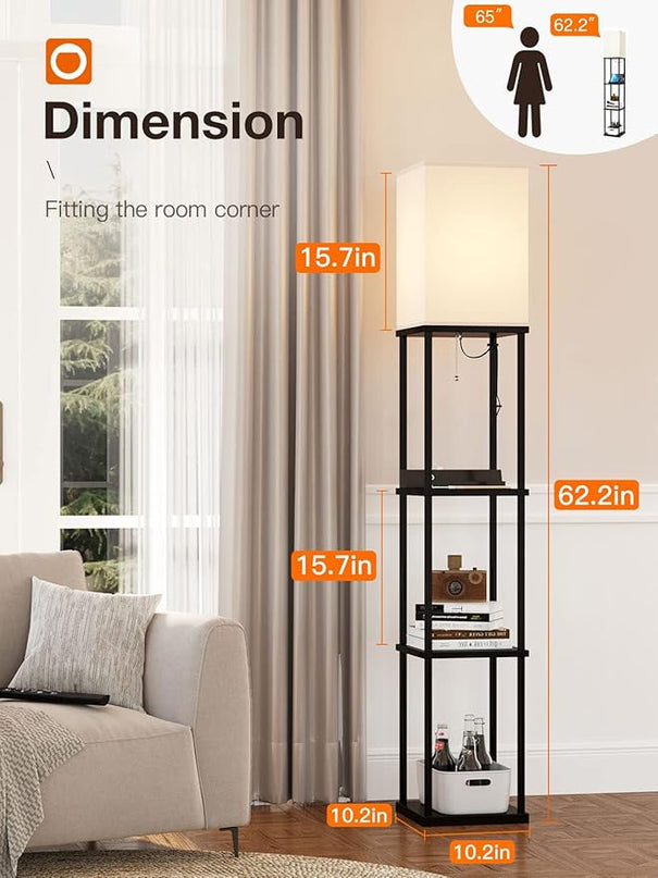 addlon Shelf Floor lamp with 2 USB Ports and Power Outlet, Remote Control Floor lamp for Living Room with 3 Color temperatures led Bulb, Display lamp for Bedroom and Office - Black - LeafyLoom