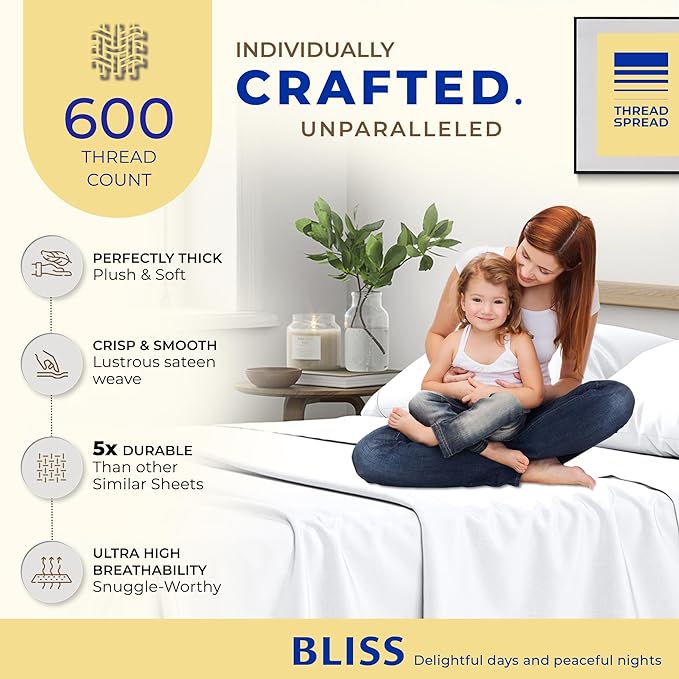 THREAD SPREAD 100% Egyptian Cotton Sheets Full Size - 600 Thread Count White Sheet, 4 PC 16" Deep Pocket Full Size Sheets Set, High Thread Count Soft Cooling Sateen Weave Hotel Luxury Sheets Set - LeafyLoom