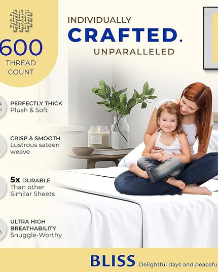 THREAD SPREAD 100% Egyptian Cotton Sheets Queen Size - 600 Thread Count Sheets Queen, 4 PC White Luxury Sheets Queen Size, Extra Soft, Cooling Sateen Weave Deep Pocket Sheet, Fits Mattress upto 18" - LeafyLoom