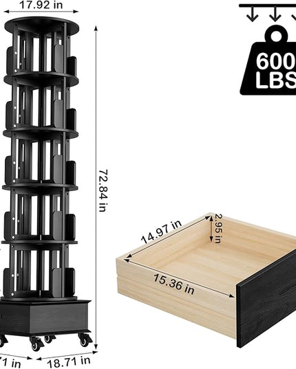Solid Wood Rotating Book Shelf, 360° Display Bookcase with Drawer, 5-Tier Mobile Bookshelf with Wheels, 79" Tall Bookcase for Narrow Space, Spinning Bookshelf Tower for Home Office, Study Room, Black - LeafyLoom
