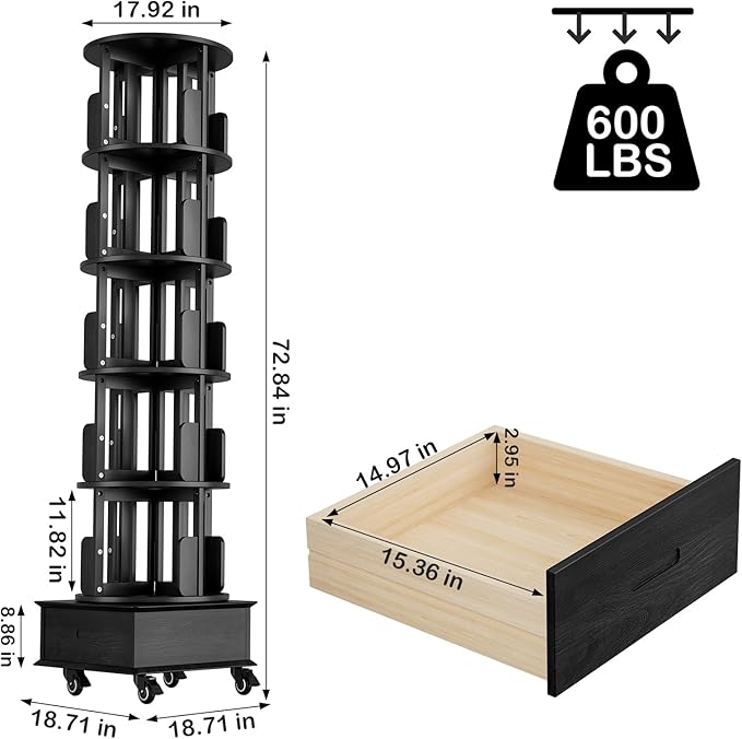 Solid Wood Rotating Book Shelf, 360° Display Bookcase with Drawer, 5-Tier Mobile Bookshelf with Wheels, 79" Tall Bookcase for Narrow Space, Spinning Bookshelf Tower for Home Office, Study Room, Black - LeafyLoom