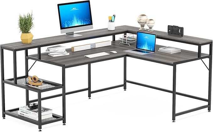 L-Shaped Desk with Monitor Shelf,Corner Computer Desk with Storage, Gray - LeafyLoom