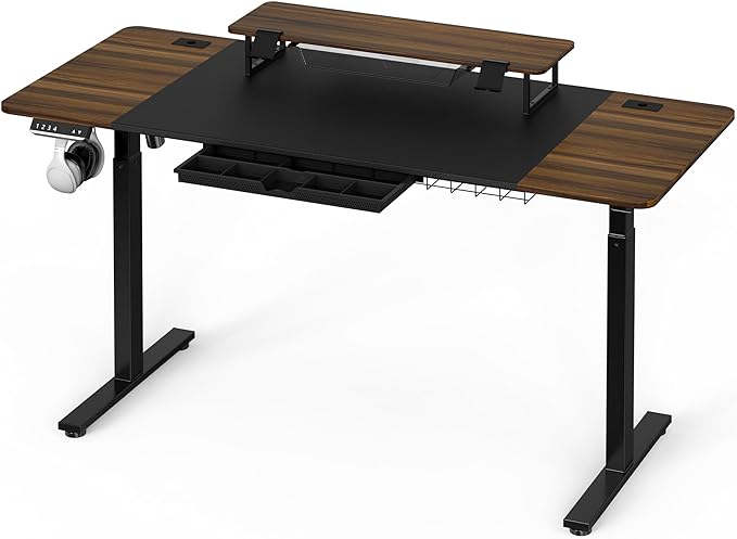 SHW 62-Inch Extra Large Electric Height Adjustable Standing Desk with Monitor Riser and Drawer, 62 x 28 Inches, Walnut - LeafyLoom