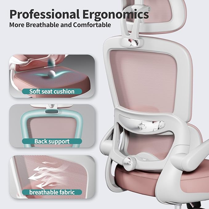 Ergonomic Office Chair Desk Chair, Gaming Chair, Computer Chair, Home Mesh Office Desk Chairs with Wheels,Comfortable Office Chair (Pink) - LeafyLoom