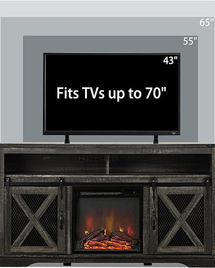 Okvnbjk Fireplace TV Stand for TVs up to 70", Entertainment Center with 18" Electric Fireplace, Farmhouse TV Stand Industrial Media Console with Sliding Barn Door for Living Room, 58 Inch, Dark Oak - LeafyLoom