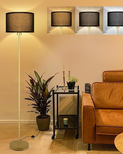 BoostArea Gold Floor Lamp Standing Lamp, 9W LED Floor Lamps with 3 Color Temperatures, Simple Tall Lamp with Linen Lampshade, On/Off Footswitch, Pole Lamps for Living Room, Bedroom, Office, Black - LeafyLoom