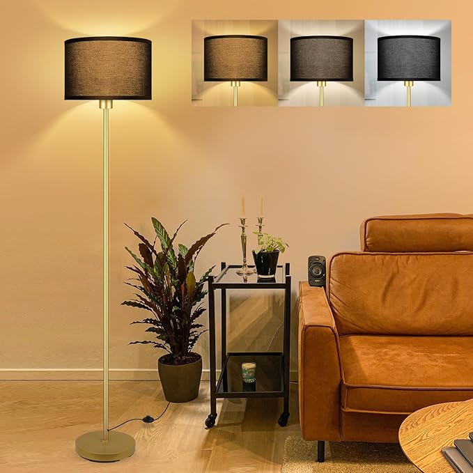 BoostArea Gold Floor Lamp Standing Lamp, 9W LED Floor Lamps with 3 Color Temperatures, Simple Tall Lamp with Linen Lampshade, On/Off Footswitch, Pole Lamps for Living Room, Bedroom, Office, Black - LeafyLoom