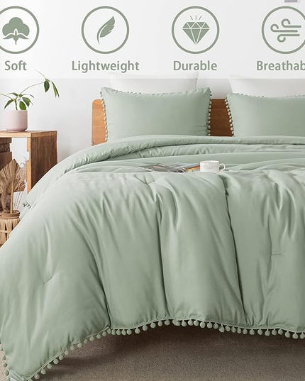 Litanika Comforter Full Size Set Sage Green,3 Pieces Sage Green Boho Pom Pom Lightweight Bed Comforter Full,All Season Solid Color Bedding Comforter Sets (1 Comforter 79x90 Inch, 2 Pillowcases) - LeafyLoom