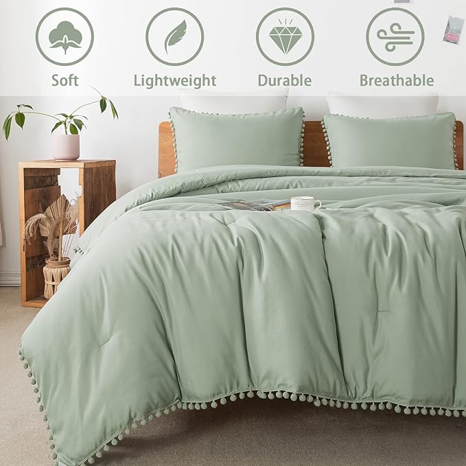 Litanika Comforter Full Size Set Sage Green,3 Pieces Sage Green Boho Pom Pom Lightweight Bed Comforter Full,All Season Solid Color Bedding Comforter Sets (1 Comforter 79x90 Inch, 2 Pillowcases) - LeafyLoom