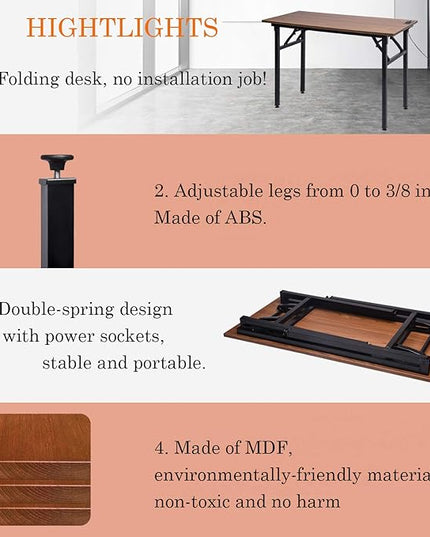 Frylr Folding Computer Desk with Plugs & USB Ports, Home Office Desks Foldable 43.3x19.6x29.5 Inch Study Table for Student Writing Desk for PC/Laptop, No Installation, Walnut + Black Leg - LeafyLoom