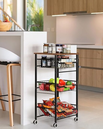 HEOMU 4 Tier Rolling Kitchen Storage Cart, Metal Microwave Stand Kitchen Island Cart on Wheels with Storage for Kitchen, Bathroom, Living Room, Bar, Office, Rustic Brown - LeafyLoom