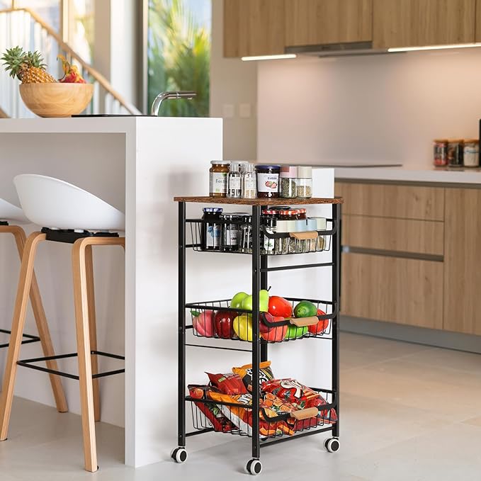 HEOMU 4 Tier Rolling Kitchen Storage Cart, Metal Microwave Stand Kitchen Island Cart on Wheels with Storage for Kitchen, Bathroom, Living Room, Bar, Office, Rustic Brown - LeafyLoom